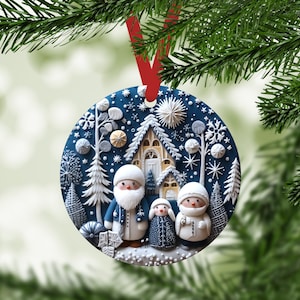 Beautiful Blue Carved Look 3.9 Inch Aluminum Double Sided  Christmas Ornament - Winter - Family