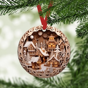 Beautiful Wood Carved Look Double Sided Aluminum Christmas Ornament - Winter Village