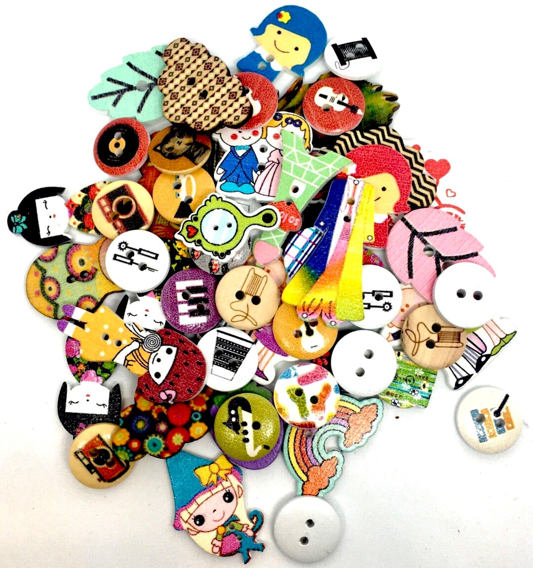 Button Multicolour 50 Pcs of Mix Sizes Multicolour Cartoon Fantasy Theme Design Wood ...