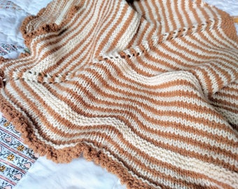 Hand Knit Wool Shawl, Knitted Womens Wool Wrap, Striped Shawl, Cottage Style Knit Shawl, Gift for Women, Brown and White Shawl,