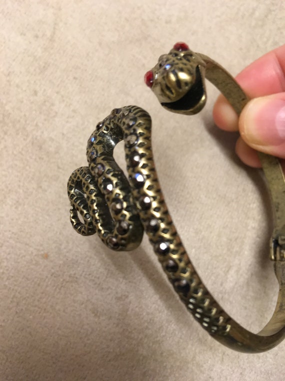 Unique, Vintage Bangle Brass Color Snake with Gla… - image 4