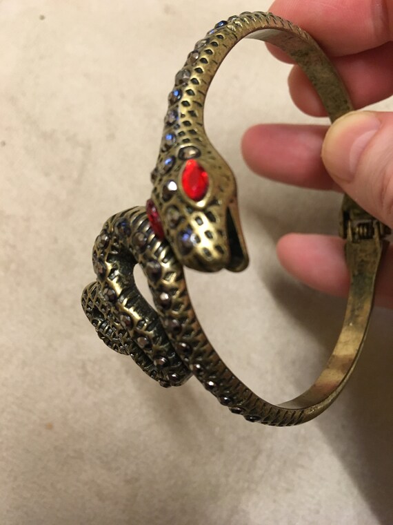 Unique, Vintage Bangle Brass Color Snake with Gla… - image 6