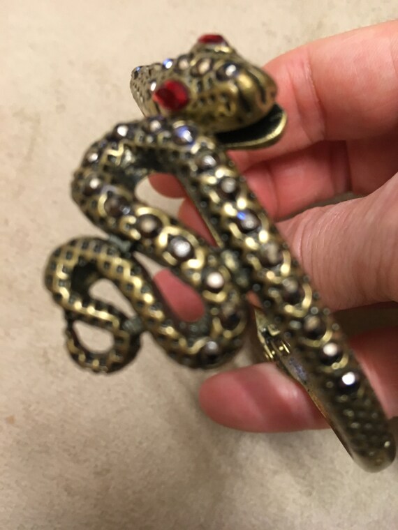 Unique, Vintage Bangle Brass Color Snake with Gla… - image 5