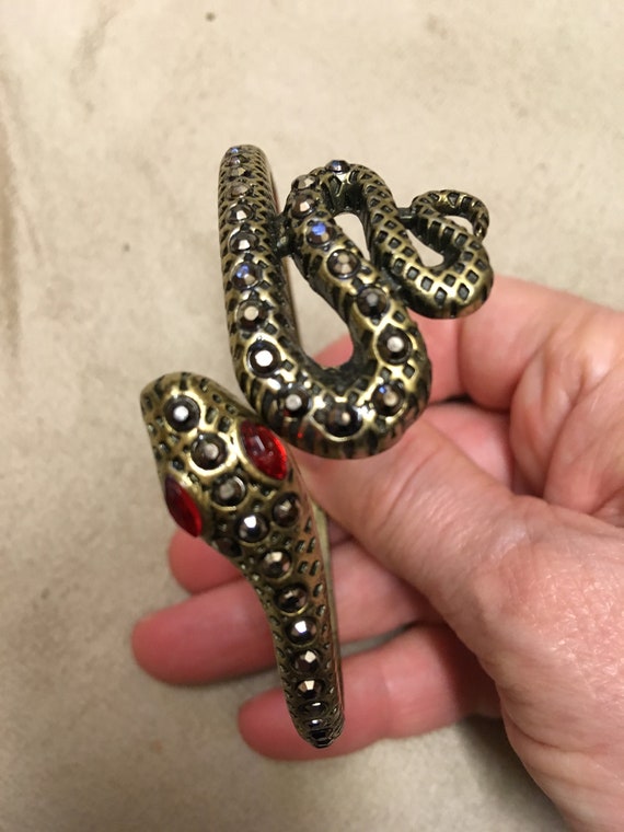 Unique, Vintage Bangle Brass Color Snake with Gla… - image 1