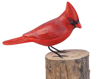 Painted cardinal bird wooden carving