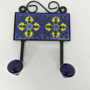 Original Blue Pottery Ceramic Tile Wall Hook Hangers (2 Peg)