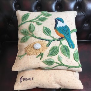 Bird with nest: Russian artisan embroidered punch needle cushion cover 43cm x 43cm