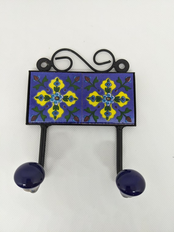 Original Blue Pottery Ceramic Tile Wall Hook Hangers (2 Peg)