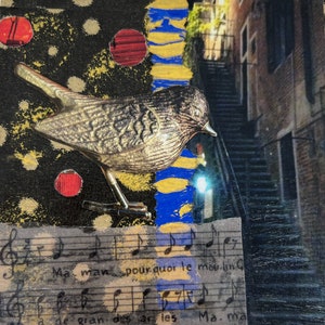 Mixed Media Art Astratto Carta fatta a mano e collage tessili - Uccello