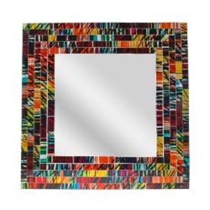 May include: Square mosaic mirror with a colorful, abstract design. The frame features a vibrant mix of red, orange, yellow, green, and black rectangular tiles. The mirror's reflective surface is square and centered within the frame.