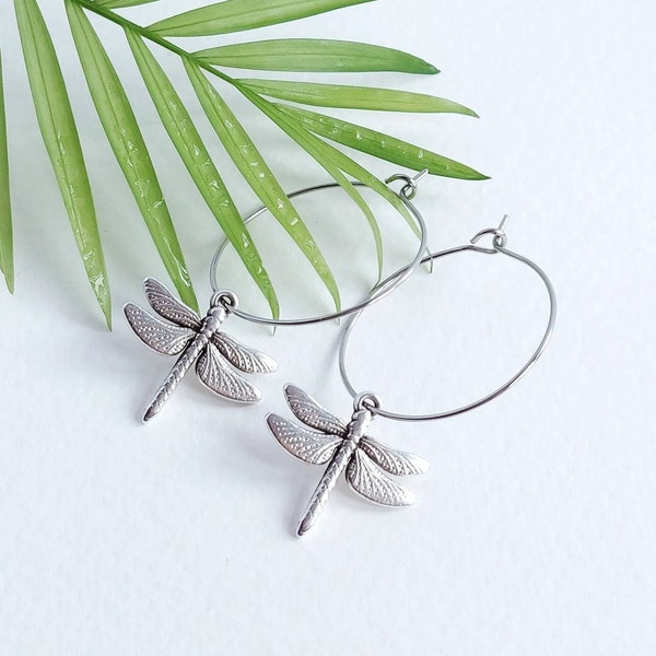 Small Dragonfly Hoop Earrings in Silver, Delicate Insect Jewellery