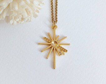 Gold Starburst Necklace, 12 Point Star Pendant, Celestial Jewellery