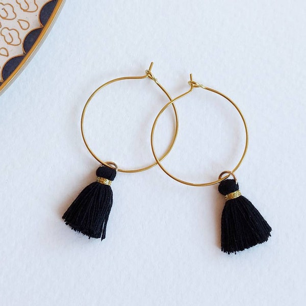 Black Tassel Hoop Earrings in Gold