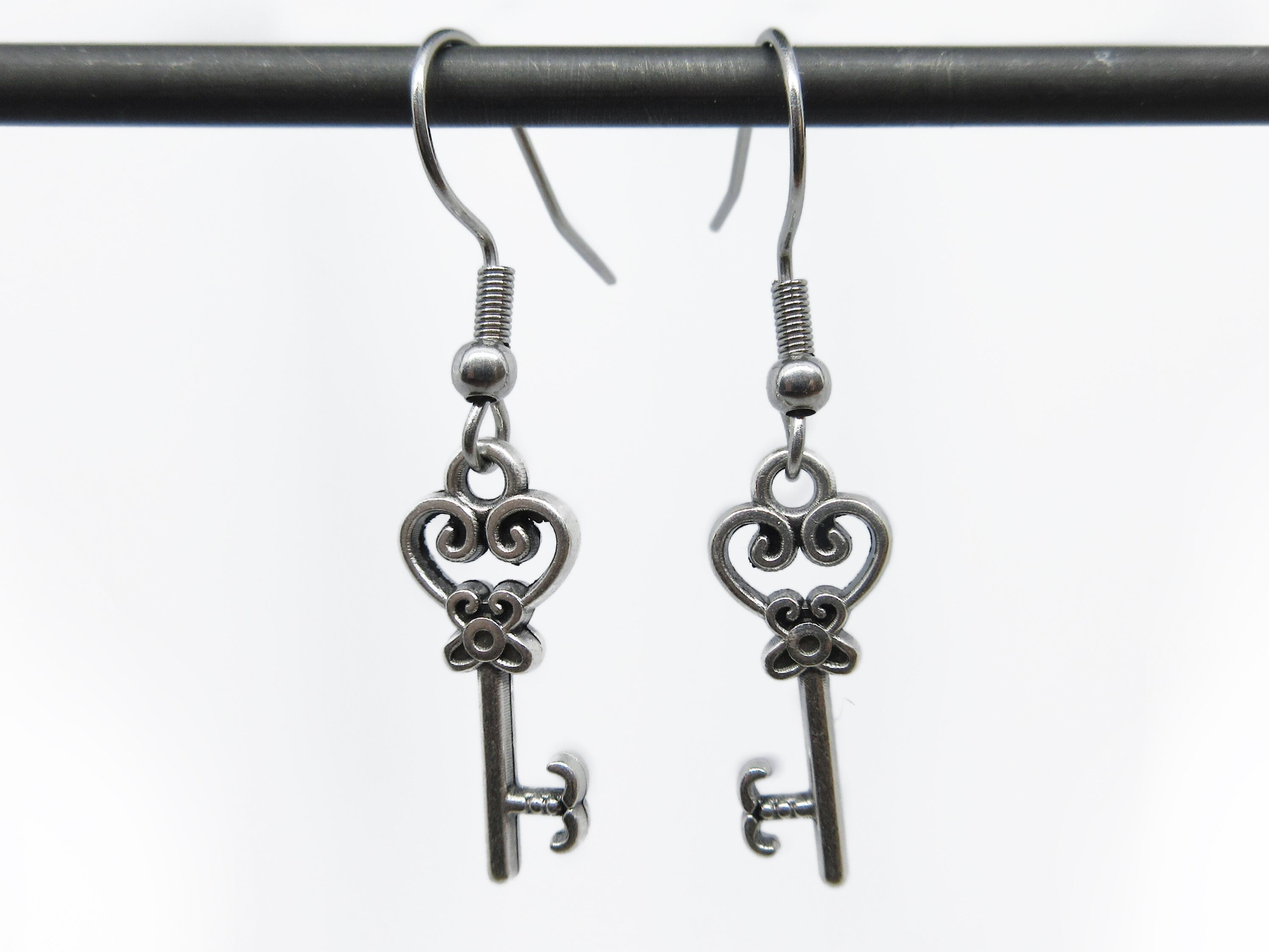 Small Key Earrings in Antique Silver Etsy