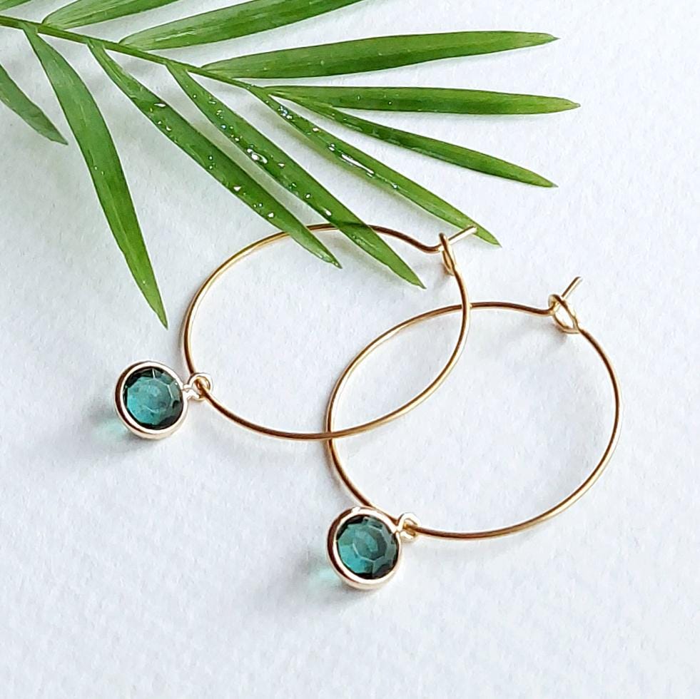 Emerald Green Crystal Drops on Thin Gold Hoops, Sparkly Gem Dangle Earrings