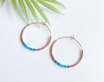 Two Colour Glass Beaded Earrings in Gold, Coloured Bead Hoops