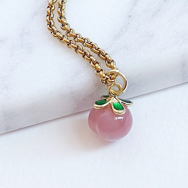 Peach Drop Pendant in Gold, Agate Fruit Necklace