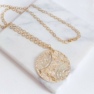 Large Hammered Gold Disc Pendant, Textured Cutout Statement Necklace