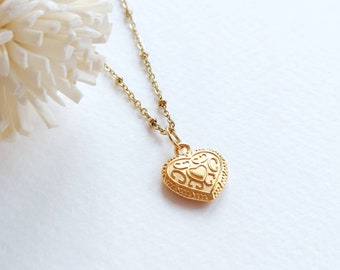 Small Gold Etched Heart Pendant, Romantic Jewellery