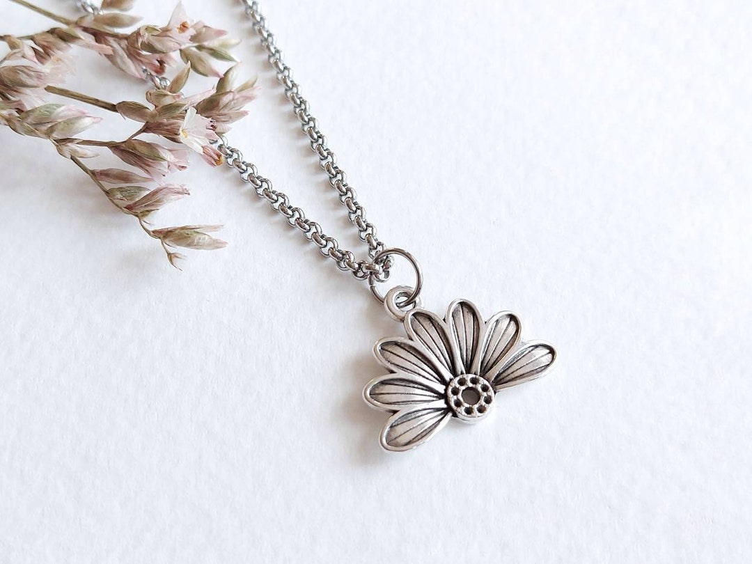 Flower Petal Necklace in Antique Silver, Detailed Half Daisy Floral