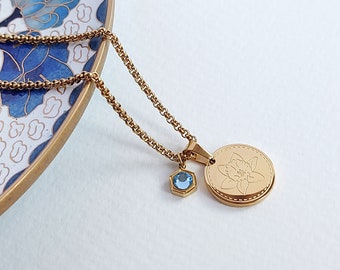 March Birth Flower Pendant with Aquamarine Blue Birthstone, Daffodil Necklace in Gold or Silver, Jewellery Gift