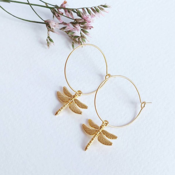 Dragonfly Hoop Earrings in Gold, Small Insect Jewellery