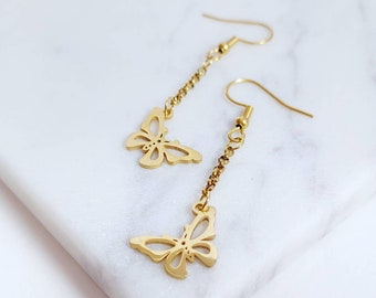 Gold Butterfly Drop Earrings, Cutout Nature Charm on Chain Jewellery, Gift for Her