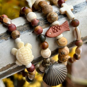 Boho Jasper Bead Bracelet Stack with Shell, Cross, Turtle Charms