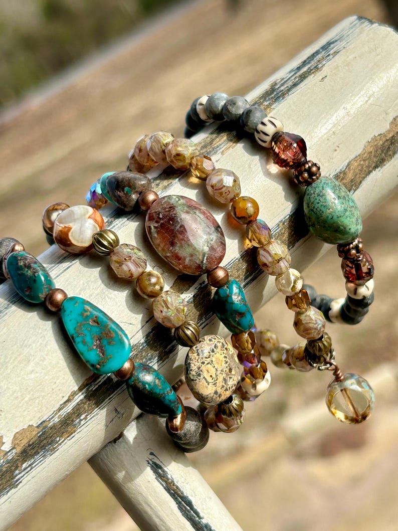 Boho Turquoise Bracelet Stack, Czech Glass, Gemstone Beaded Bracelets ...