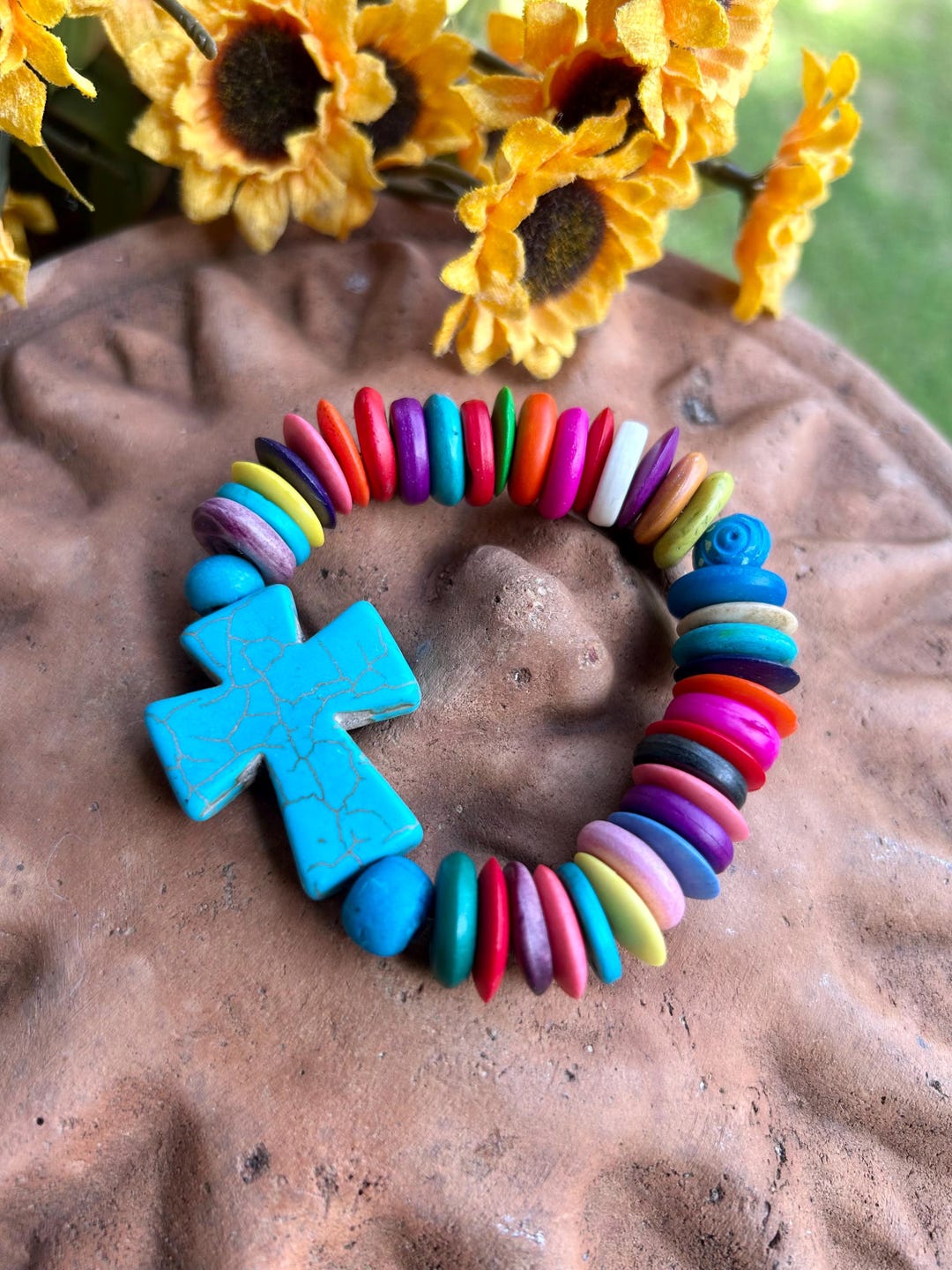 Chunky Howlite Cross Bracelet: Multicolored Bone Bead Jewelry - Etsy