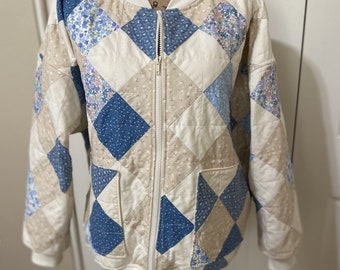 Quilted Jacket/Patchwork Jacket/Cotton Jacket/Patchwork Bomber Jacket/Blue Quilted Jacket/Women's Quilted Coat/Comfort Clothing/Handmade