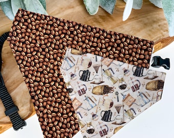 Coffee Beans Dog Bandana, Reversible Barista Print Over Collar Pet Accessory