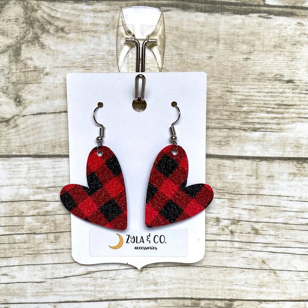 Buffalo Check Faux Leather Heart Earrings