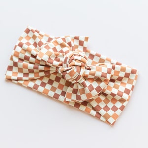 Brown Checkered Bow for Baby Girl, Fall Thanksgiving Head Wrap, Trendy Retro Toddler Tie-on Autumn Knit Headband