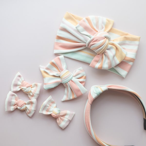 Summer Stripes Mommy & Me Matching Set, Sister Matching Hair Accessories, Baby Bows, Top Knot Headband, Spring Pigtail Set, Soft Infant Bows