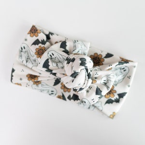 Halloween Baby Head Wrap, Floral Ghost Girl Turban, Tie-on Whimsical Bow, Knit Toddler Headband, Neutral Trendy Fall Bow for Newborn