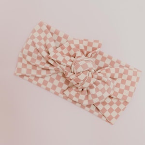 Mauve Checkered Baby Headwrap, Valentine&#39;s Day Girl Turban, Pink Adjustable Toddler Bow, Tie-on Hair Accessory, Girl Headband