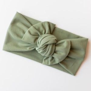 Solid Olive Fall Baby Head Wrap, Girl Turban, Tie-on Autumn Bow, Knit Toddler Headband, Newborn through Adult Sizing