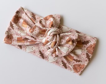 Diadema de Halloween para bebé, lazo retro de dulces y fantasmas para recién nacidos, lazo ajustable de moda, accesorio para el cabello de punto suave y elástico para niños pequeños.