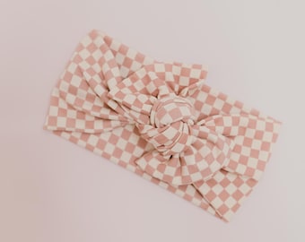 Mauve Checkered Baby Headwrap, Valentine&#39;s Day Girl Turban, Pink Adjustable Toddler Bow, Tie-on Hair Accessory, Girl Headband