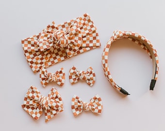 Conjunto a juego para madre e hija a cuadros marrones, pañuelo para la cabeza de bebé, diadema anudada para mujer, accesorios para el cabello de otoño y Acción de Gracias.