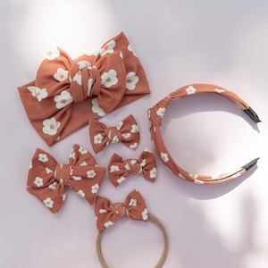 Fall Daisies Mommy & Me Matching Hair Accessories, Mom and Baby Bows, Women's Knotted Headband, Infant Headwrap, Toddler Piggy Sets