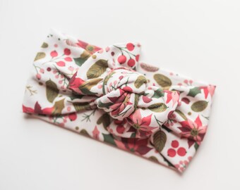 Lazo de bebé con flor de Pascua blanca navideña, turbante de invierno moderno, turbante caprichoso para niños pequeños, lazo ajustable suave y elástico.