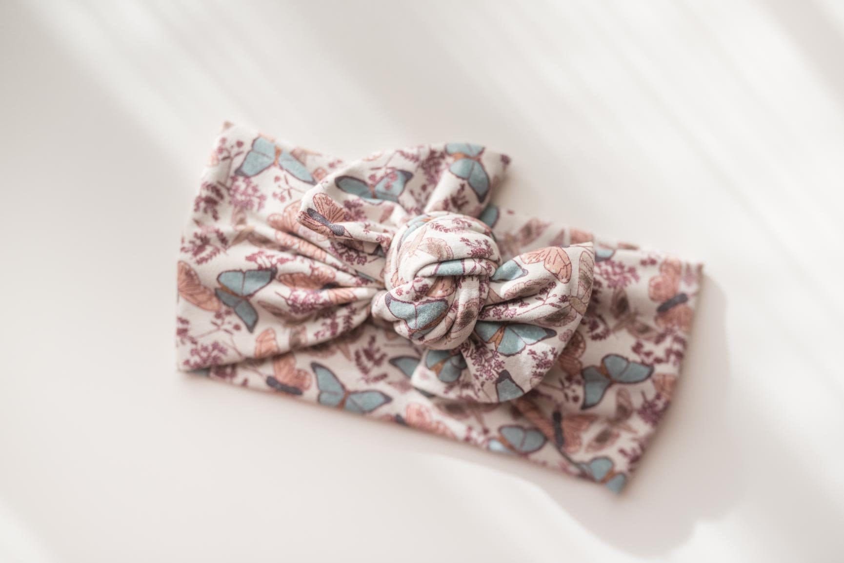 Spring Butterfly Baby Head Wrap, Spring Girl Turban, Tie-on Tie-Dye Bow, Knit Toddler Headband, Newborn through Adult Sizing