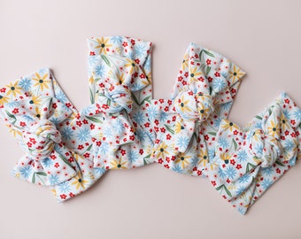 Turbante floral de primavera para bebé, turbante retro de primavera para niña, lazo para bebé, diadema de punto para niña pequeña, regalo para baby shower para niña