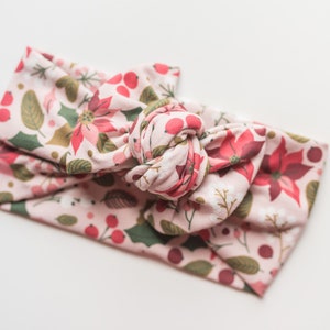 Blush Christmas Poinsettia Bow for Baby, Trendy Pink Holiday Toddler Girl Head Wrap, Whimsical Winter Infant Bow, Adjustable Toddler Bow