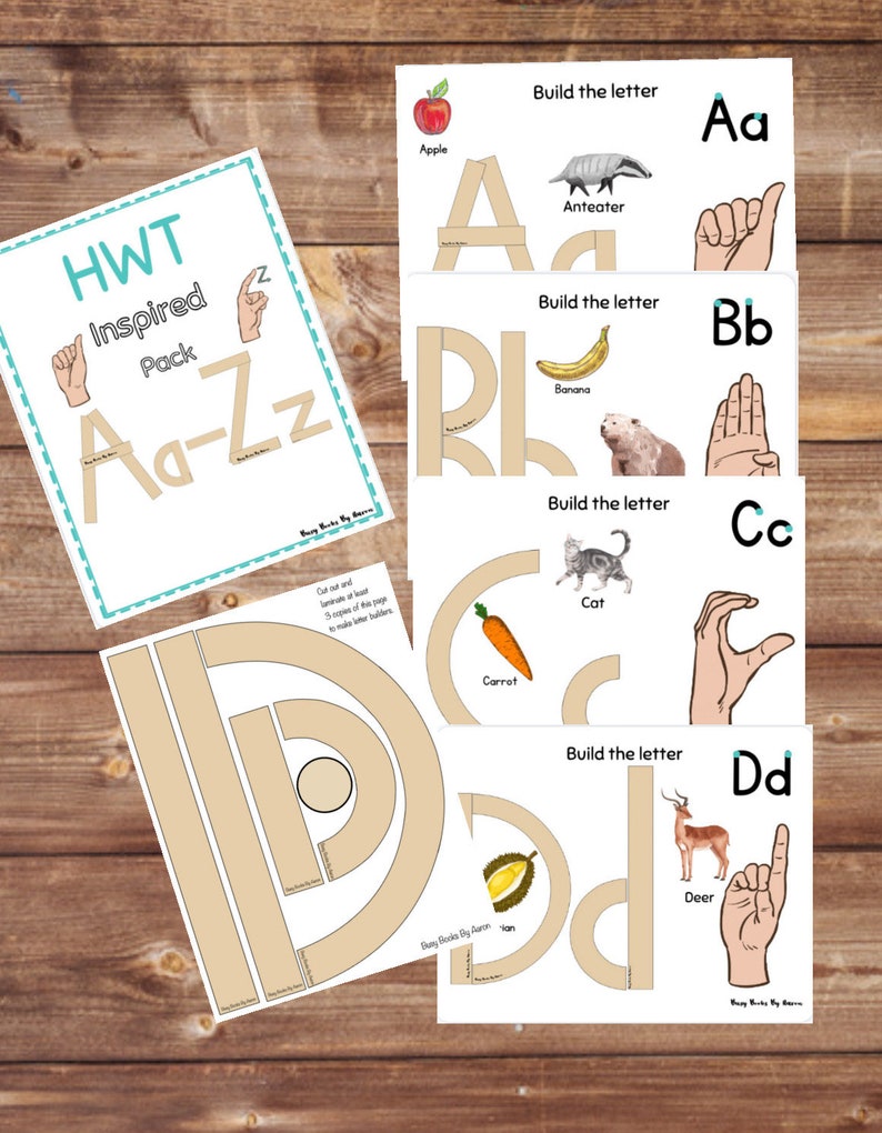 May include: A printable set of alphabet letter building activities for kids. Each page features a letter, a picture of an object that starts with that letter, and a sign language hand gesture for the letter. The letters are A, B, C, and D.