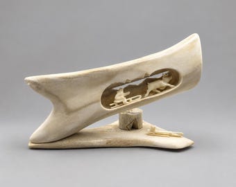 Vintage Inuit Chukchi Sled Scene, Arctic Folk Art Sculpture, Eskimo Figurine, Soviet Era Collectible, Northern Life Decor