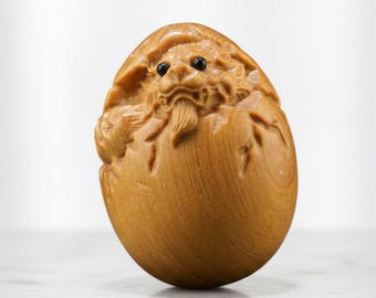 Handcrafted Wooden Guardian Lion Egg, Intricate Relief Carving, Chinese Foo Dog Sculpture, Lizard & Mythical Beast Totem, Inlaid Eyes