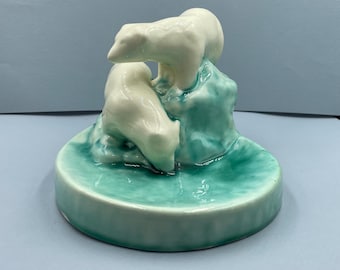 Soviet Porcelain Polar Bears Ash Tray, Konakovo Faience Propaganda Art Antique 1930s Collectible Accessory